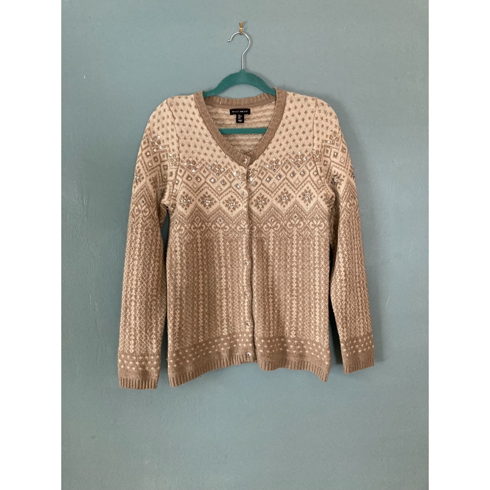 Willi Smith sweater cardigan Fair Isle bead embellished button closure size L